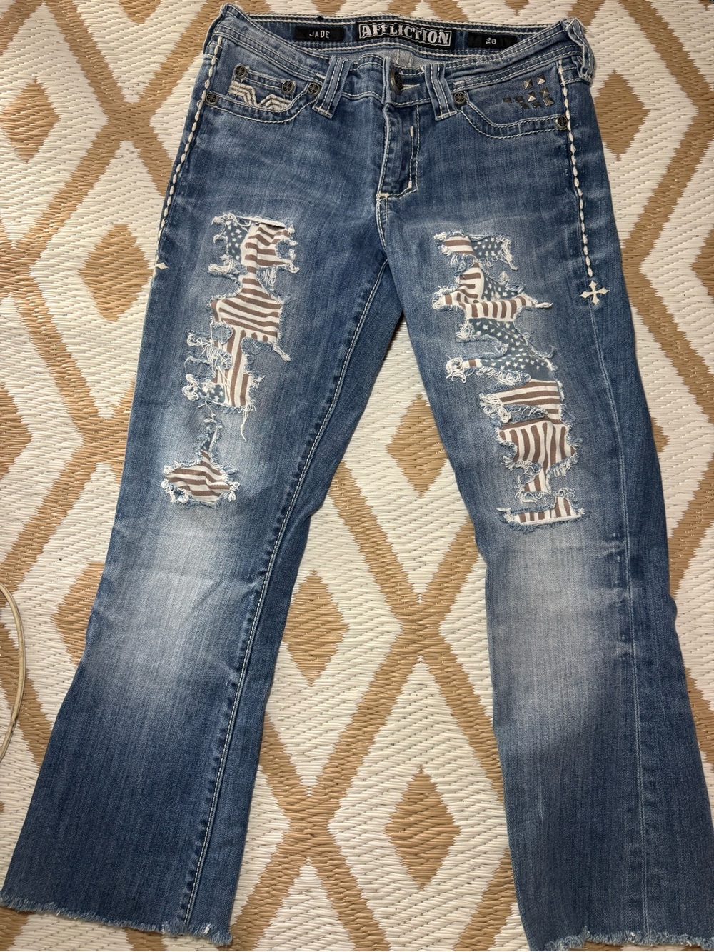 Affliction Blue Distressed Wide Leg Jeans with Striped Patch Details